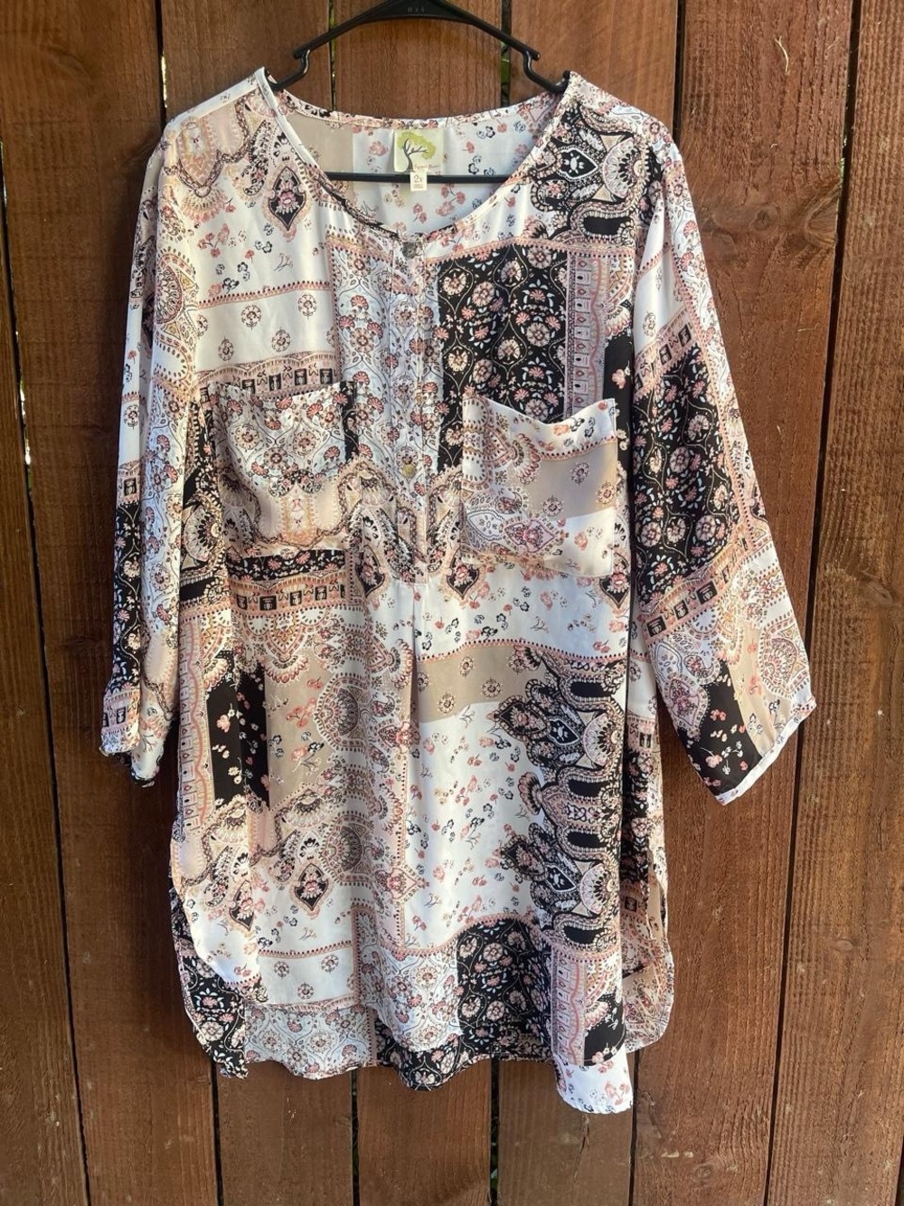 Fig and Flower Floral Paisley Patchwork Boho Relaxed Fit Tunic Top 2X